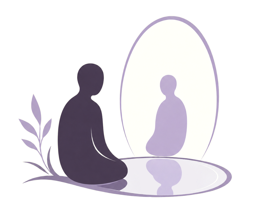 Drawing of a silhouette by a pond watching its reflection in a mirror